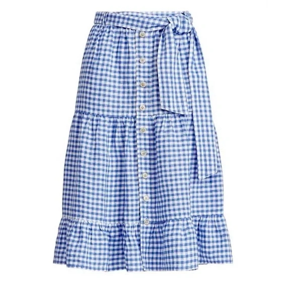 NEW POLO Ralph Lauren Blue Gingham Linen Skirt Tiered - Picture 2 of 13